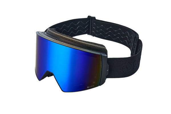 Ski goggle with blue lens, black strap and frameless black design